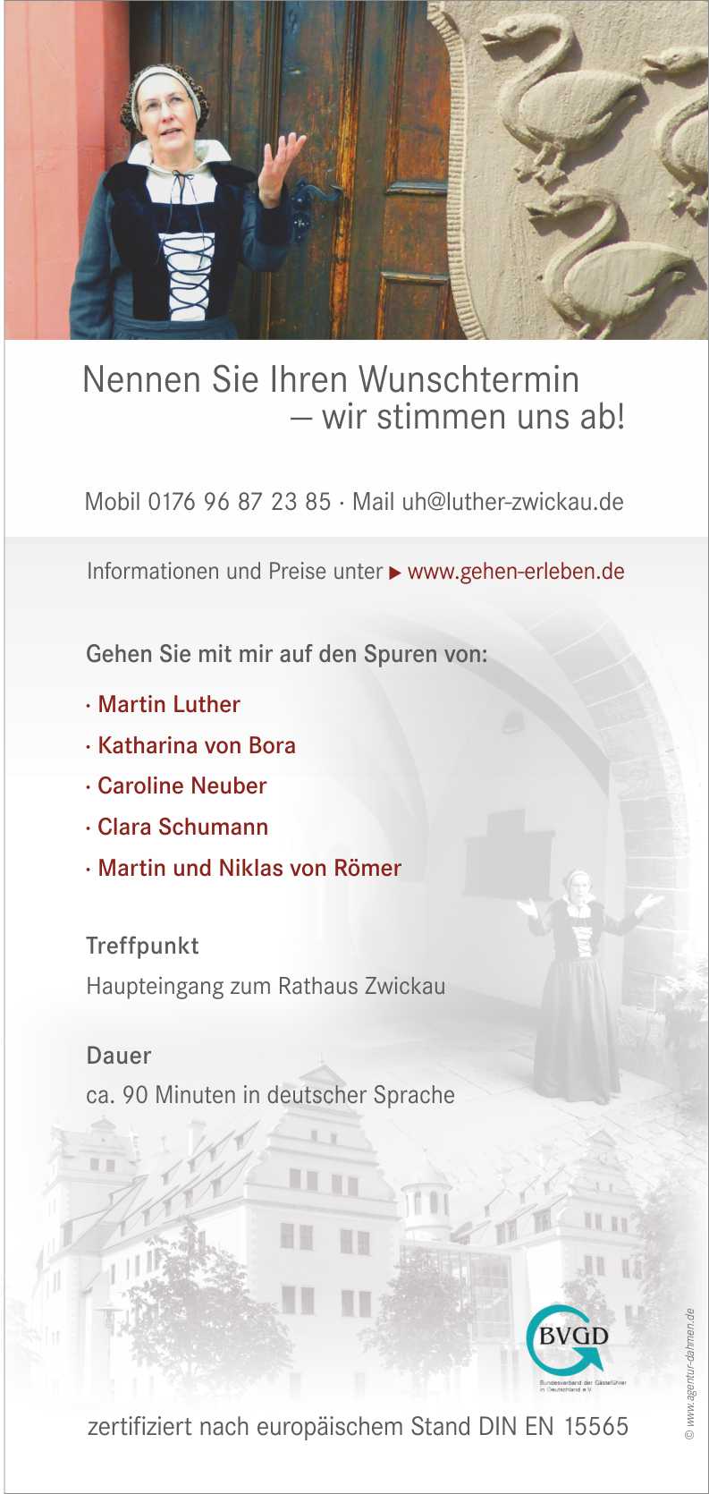 Stadtführung mit Dr. Haese, Flyer mit Angeboten zur Neuberin, Clara Schumann, Katharina von Bora
